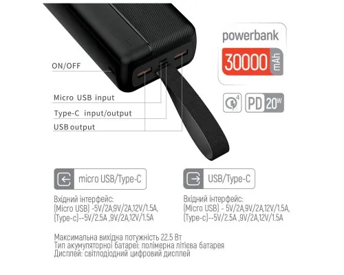 Батарея універсальна ColorWay 30 000 mAh High-power 2 PD/20W, QC/3.0, USB-C/Micro-USB (CW-PB300LPC2BK-PD)