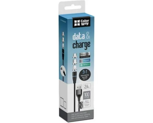 Дата кабель USB 2.0 AM to Lightning + Micro 5P + Type-C 1.0m Magnetic ColorWay (CW-CBUU038-BK)