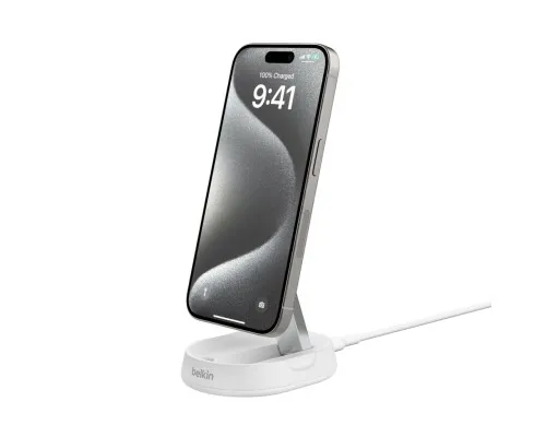 Зарядний пристрій Belkin 15W Magnetic Stand Qi2 white (WIA008BTWH)