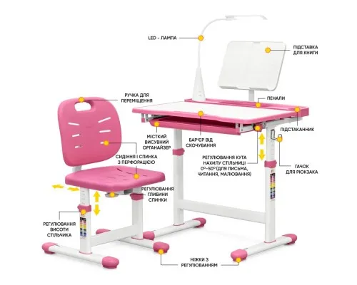 Парта зі стільцем Evo-kids (стіл+стілець+полиця+лампа) Pink (Evo-17 PN Ergo)