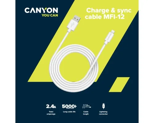 Дата кабель USB 2.0 AM to Lightning 1.0m MFI white Canyon (CNS-MFIC12W)