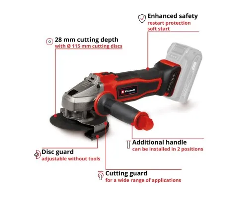 Шліфувальна машина Einhell TE-AG 18/115-2 Li - Solo PXC 18В, 115мм, 8500об/хв, 1.7кг (без АКБ та ЗП) (4431166)