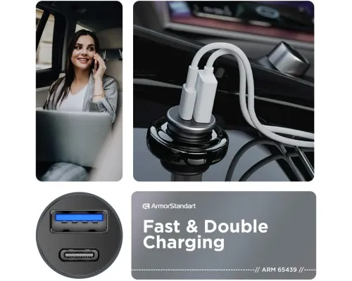 Зарядний пристрій Armorstandart Car USB Type-C PD20W + USB QC 3.0 Grey (ARM65439)