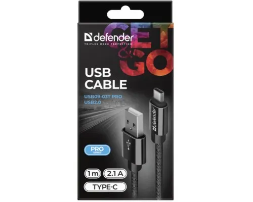 Дата кабель USB 2.0 AM to Type-C 1.0m USB09-03T PRO Black Defender (87814)