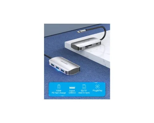 Концентратор Vention USB3.1 Type-C --> USB 3.0x3/SD/TF/PD 100W Hub 6-in-1 (TNHHB)