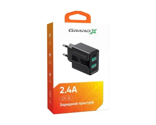 Зарядний пристрій Grand-X 5V 2,4A USB Black (CH-15B)