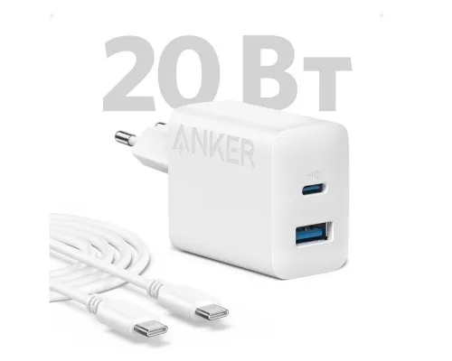 Зарядний пристрій Anker PowerPort 312 - 20W USB-C USB-A + USB-C cable White (B2348G21)