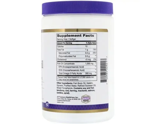 Жирні кислоти 21st Century Рибячий жир, Омега-3, 1000 мг, 300 мяких таблеток (CEN-22921)