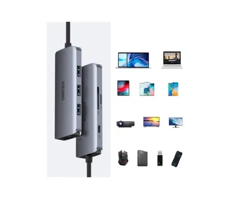 Концентратор Choetech USB-C 7-in-1 (HDMI/PD/CR/USB-A/USB-C) alum (HUB-M19-GY)