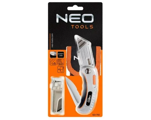 Ніж монтажний Neo Tools складаний, 2 наконечники, 5 трапецієподібних лез у наборі, чохол (63-710)