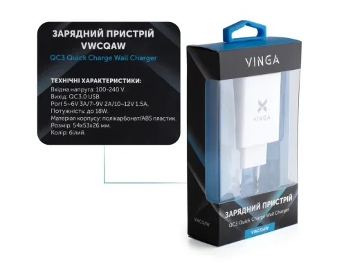 Зарядное устройство Vinga QC3.0 Quick Wall Charger 1xUSB 18W Max (VWCQAW)