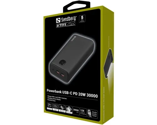 Батарея універсальна Sandberg 30000mAh, PD/20W, QC/3.0, USB-C*2, USB-A*2, LED flashlight 2W (420-68)