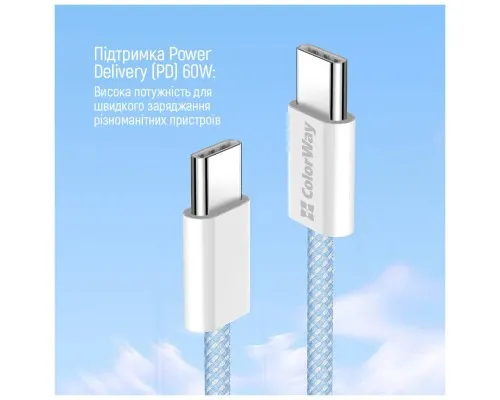 Дата кабель USB-C to USB-C 1.0m 60W 3.0А blue ColorWay (CW-CBPDCC061-BL)