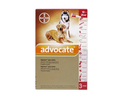 Капли для животных Bayer Адвокат от заражений эндо и экто паразитами для собак 10-25 кг 3/2.5 мл (4007221037415)