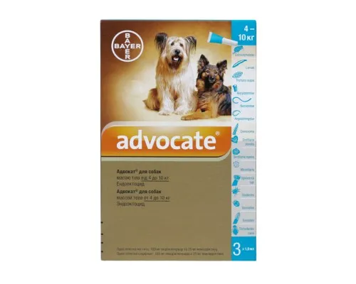 Капли для животных Bayer Адвокат от заражений эндо и экто паразитами для собак 4-10 кг 3/1 мл (4007221037392)