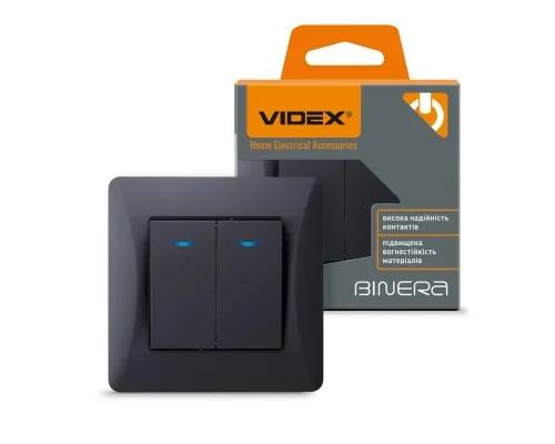Выключатель Videx BINERA 2кл с подстветкой черный графит (VF-BNSW2L-BG)