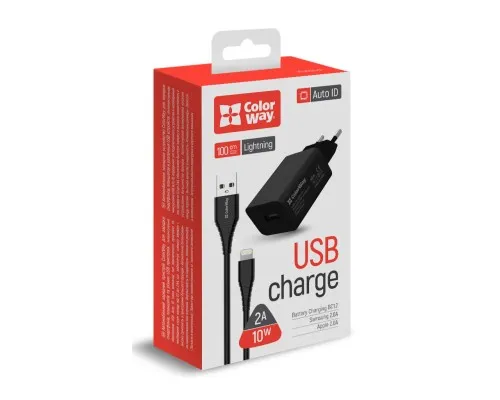 Зарядний пристрій ColorWay 1USB AUTO ID 2A (10W) black + cable Lightning (CW-CHS012CL-BK)