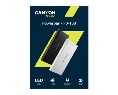 Батарея універсальна Canyon PB-108 10000mAh, Input 5V/2A, Output 5V/2.1A(Max), black (CNE-CPB1008B)
