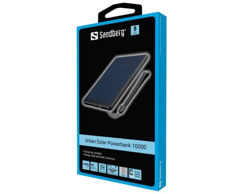 Батарея універсальна Sandberg 10000mAh, Urban, Solar Panel 5V/450mA, PD/18W, Q.C/3.0, USB-C, Micro-USB, USB-A (420-54)