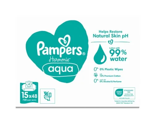 Детские влажные салфетки Pampers Harmonie Aqua 15 пачек x 48 шт (8006540510247)