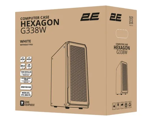 Корпус 2E Gaming Hexagon G338W, без БЖ, 2xUSB 3.0, 1xUSB Type-C, 1x120mm, 3x120mm ARGB, TG Side Panel, AT (2E-G338W)