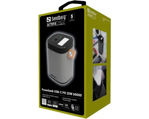 Батарея универсальная Sandberg 60000mAh, PD/20W, QC/3.0, USB-C, USB-A*2(22.5W total), flashlight 3W (420-71)