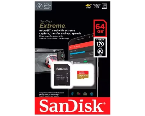 Карта памяті SanDisk 64GB microSD class 10 UHS-I Extreme For Action Cams and Dro (SDSQXAH-064G-GN6AA)