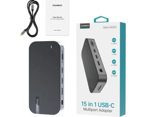 Концентратор Choetech USB-C 15-in-1 HDMI/PD/CR/LAN/USB-A/USB-C/AUX/VGA/DP (HUB-M52-GY)