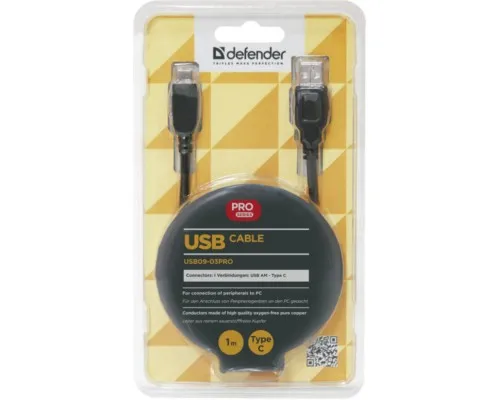 Дата кабель USB 2.0 AM to Type-C 1.0m USB09-03PRO black Defender (87492)