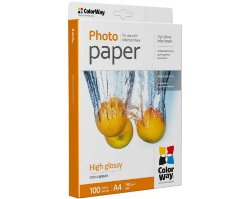 Фотопапір ColorWay A4 180г glossy 100л, картон-пак (PG180100A4)