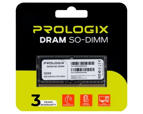 Модуль пам'яті для ноутбука SoDIMM DDR3 8GB 1600 MHz Prologix (PRO8GB1600D3S)