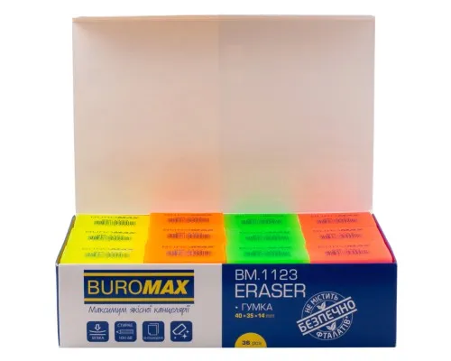 Гумка Buromax NEON, прямокутна 40x35x14 мм, мякий пластик, асорті кольорів (BM.1123)