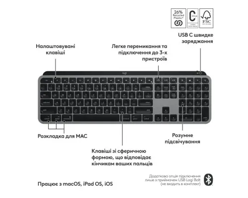 Клавіатура Logitech MX Keys S для MAC Bluetooth/Wireless UA Space Grey (920-011637)