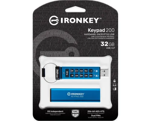 USB флеш накопичувач Kingston 32GB IronKey Keypad 200 AES-256 Encrypted Blue USB 3.2 (IKKP200/32GB)