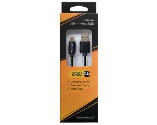 Дата кабель USB 2.0 AM to Micro 5P 1.0m Cu, 2.1A, Black Grand-X (MM-01B)