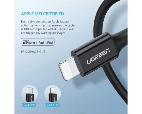 Дата кабель USB-C to Lightning 1.0m US1713A Nickel Plating ABS Shell Black Ugreen (60751)