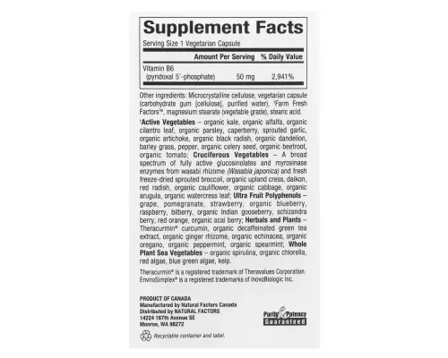 Вітамін Natural Factors Піридоксаль 5'-фосфат, вітамін B6, 50 мг, BioCoenzymated, B6, Pyridoxal 5' (NFS-01252)