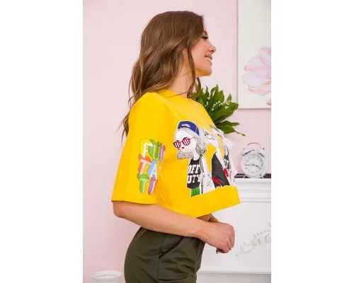 Жіноча футболка вільного крою, жовтого кольору з принтом, 117R1020