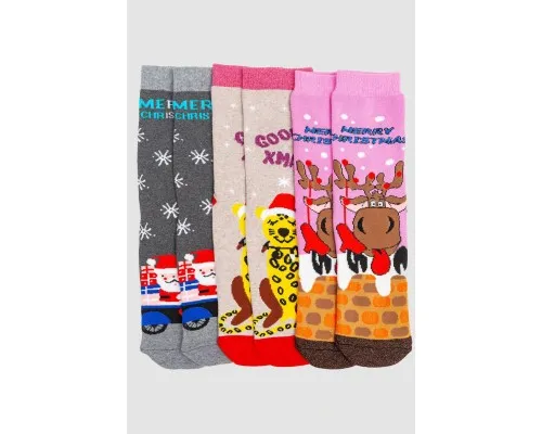 Комплект жіночих шкарпеток новорічних 3 пари, колір рожевий, бежевий, темно-сірий, 151R256