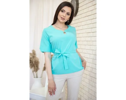 Блуза з короткими рукавами і поясом, колір Бірюзовий, 172R28-1