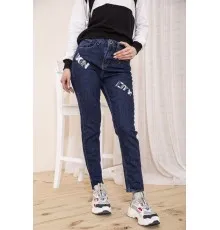 Жіночі прямі джинси, темно-синього кольору з принтом, 164R1024-5