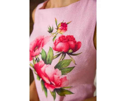 Коротка лляна сукня, з квітами Півонії, колір Рожевий, 172R018-1