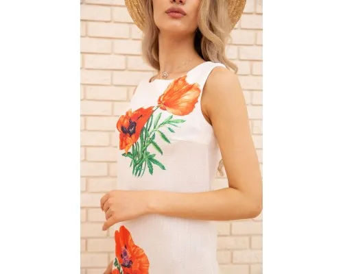 Коротка сукня з льону, з квітами Маки, колір Білий, 172R019-1