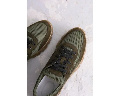 Кросівки чоловічі тактичні зеленого кольору прошиті коричнева підошва